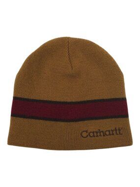 Carhartt Beanie Hat OS Brown Maroon Black Stripe Knit Watch Cap Workwear Skater